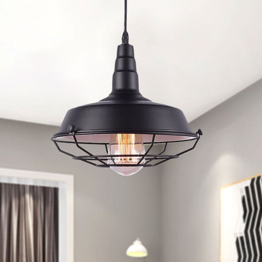 Vintage Wrought Iron Pendant Lighting: White Inner/Black Wire Guard With Barn Shade - 1 Light