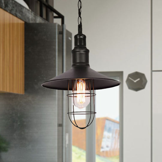 Conic Shade Suspension Light With Wire Guard - Nautical Black Metal Pendant Lighting For Indoor Use