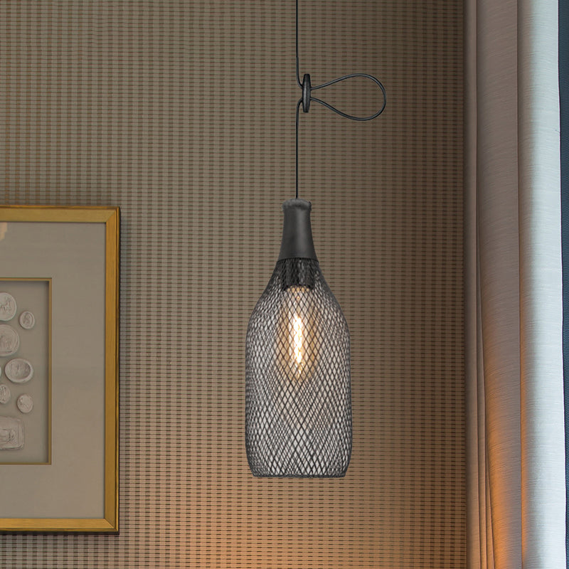 Industrial Black Wire Mesh Pendant Light With Height Adjustable Hanging Lamp For Dining Room