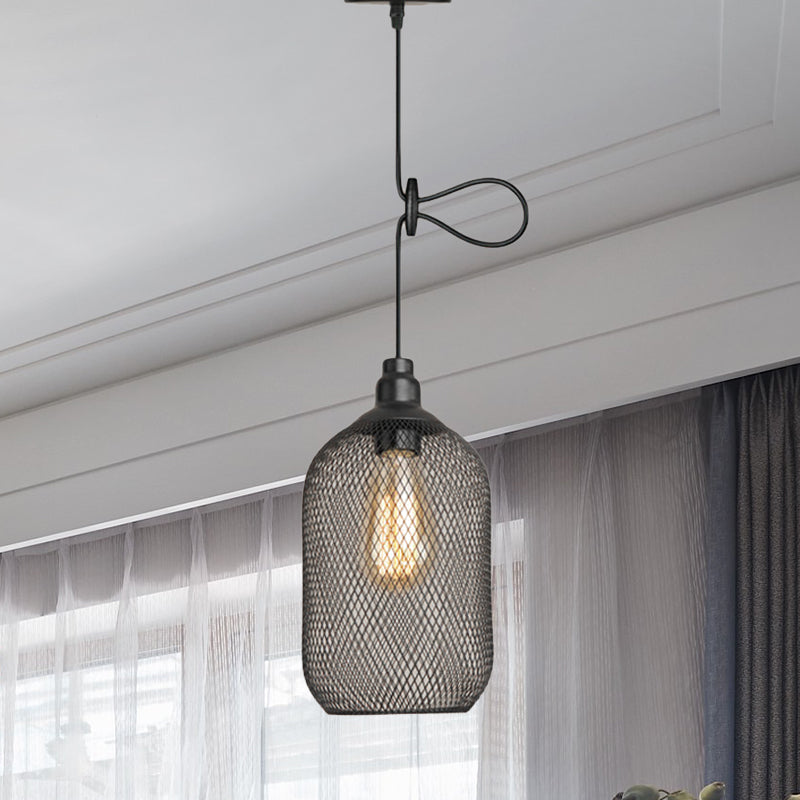 Industrial Black Wire Mesh Pendant Light With Height Adjustable Hanging Lamp For Dining Room