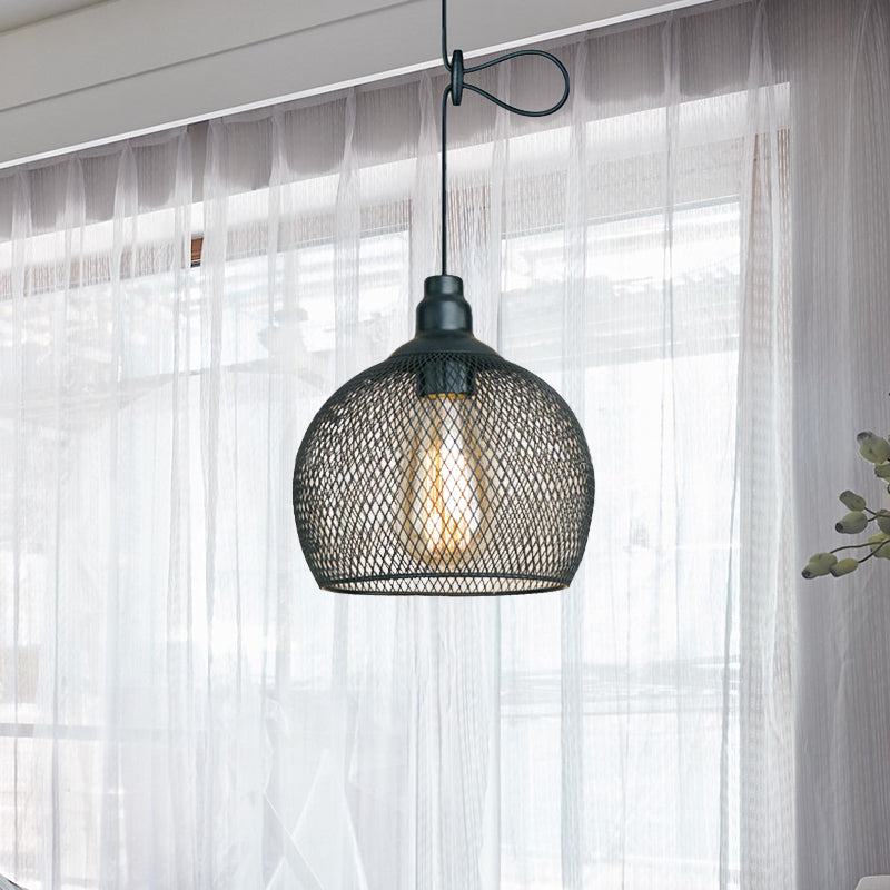 Industrial Black Wire Mesh Pendant Light With Height Adjustable Hanging Lamp For Dining Room