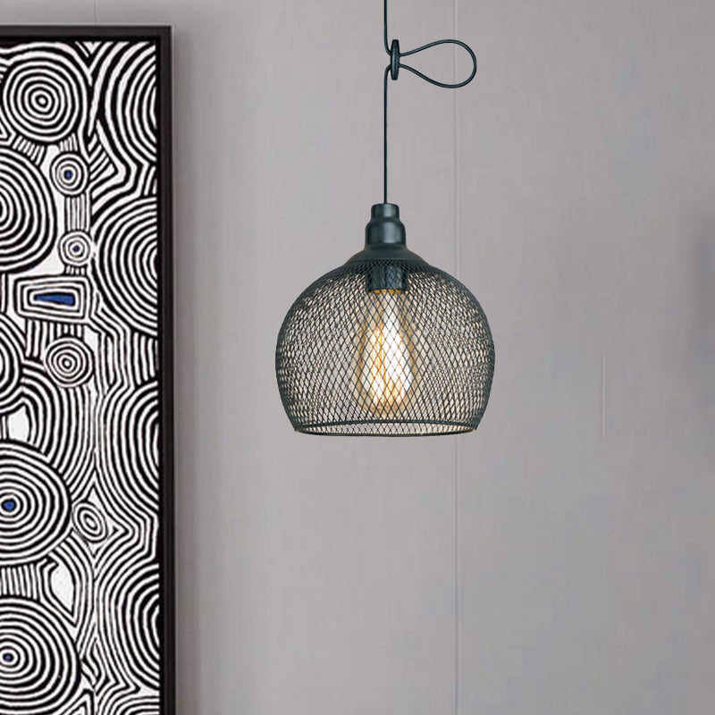 Industrial Wire Mesh Metal Pendant Light - Adjustable Height Black Finish