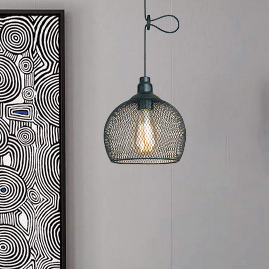 Industrial Wire Mesh Metal Pendant Light - Adjustable Height Black Finish