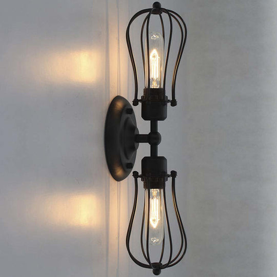 Vintage Industrial 1/2-Light Metal Bulb Wall Sconce With Cage Shade For Restaurants - Black/Nickel
