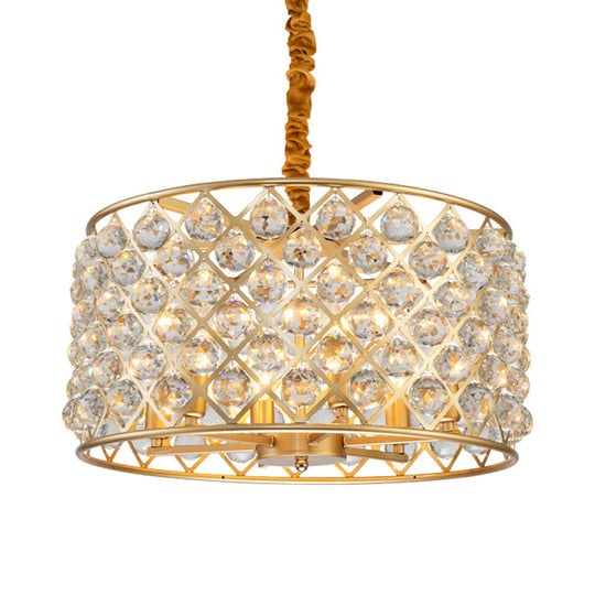 Minimalist 6-Light Crystal Ball Pendulum Chandelier In Gold Finish - Lattice Diamond Design For