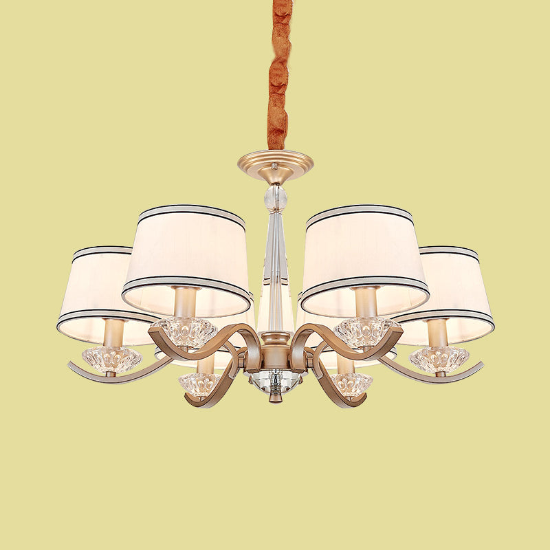 Modernist 6-Light Fabric Barrel Ceiling Chandelier With Crystal Bobeche - Bedroom Suspension Lamp