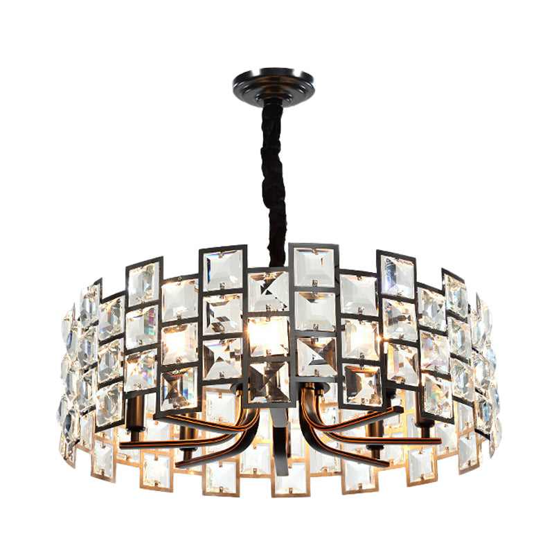 Modern Round Pendant Lighting - 8-Light Crystal Block Chandelier Lamp In Black