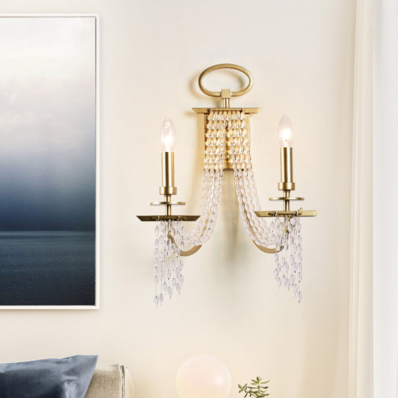 Modern Gold Crystal Strand Wall Mounted Candle Lamp - 2-Light Design Bedroom Lighting
