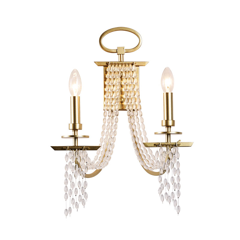 Modern Gold Crystal Strand Wall Mounted Candle Lamp - 2-Light Design Bedroom Lighting