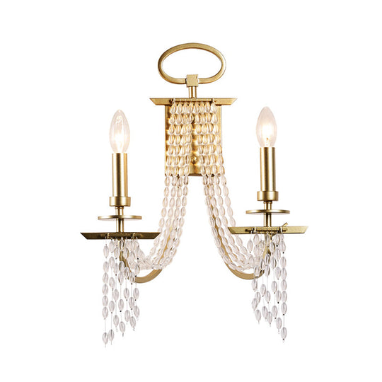 Modern Gold Crystal Strand Wall Mounted Candle Lamp - 2-Light Design Bedroom Lighting