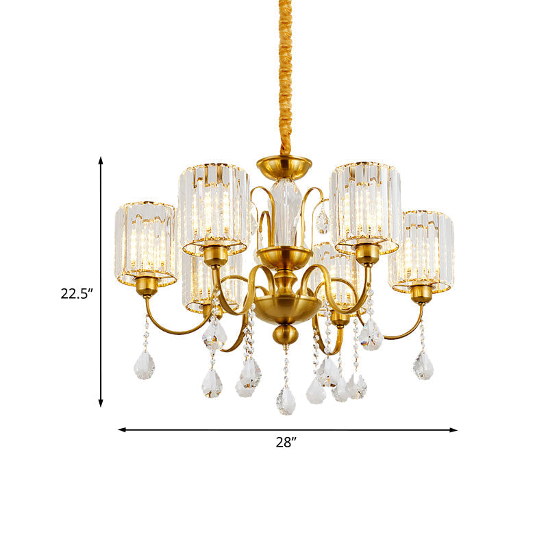 Modern Crystal Block 6-Light Cylinder Pendant Chandelier With Gold Finish - Ideal For Living Room