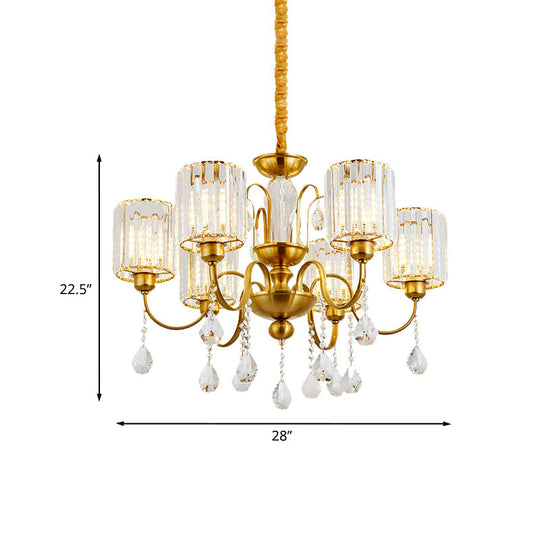 Modern Crystal Block 6-Light Cylinder Pendant Chandelier With Gold Finish - Ideal For Living Room
