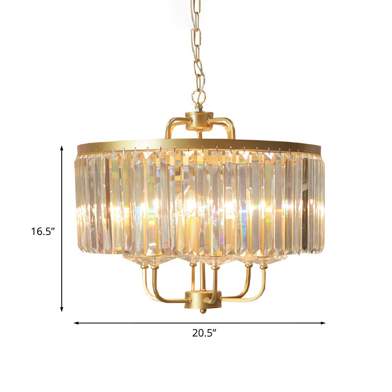 Golden Drum Chandelier With 7 Heads And Tri-Sided Crystal Rods - Modern Hanging Light Fixture