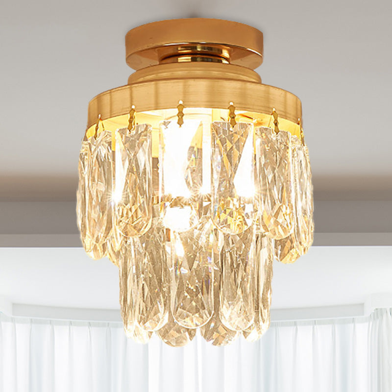Gold Cylinder Pinecone Foyer Ceiling Lamp - Simple Crystal Design With Semi-Flush Mount 1 Bulb