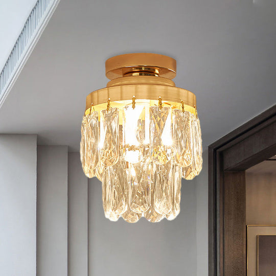 Gold Cylinder Pinecone Foyer Ceiling Lamp - Simple Crystal Design With Semi-Flush Mount 1 Bulb