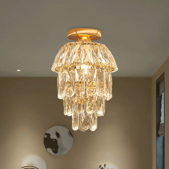 Gold Cylinder Pinecone Foyer Ceiling Lamp - Simple Crystal Design With Semi-Flush Mount 1 Bulb
