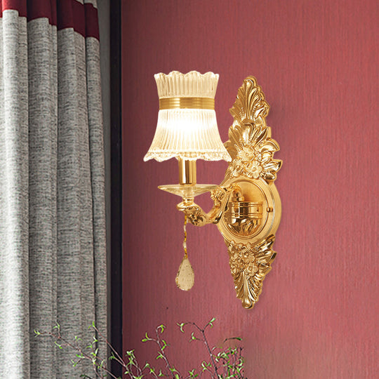 Traditional Clear Ribbed Glass Wall Sconce Light With Gold Carved Arm - Flower/Sector Design