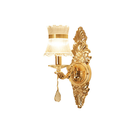Traditional Clear Ribbed Glass Wall Sconce Light With Gold Carved Arm - Flower/Sector Design
