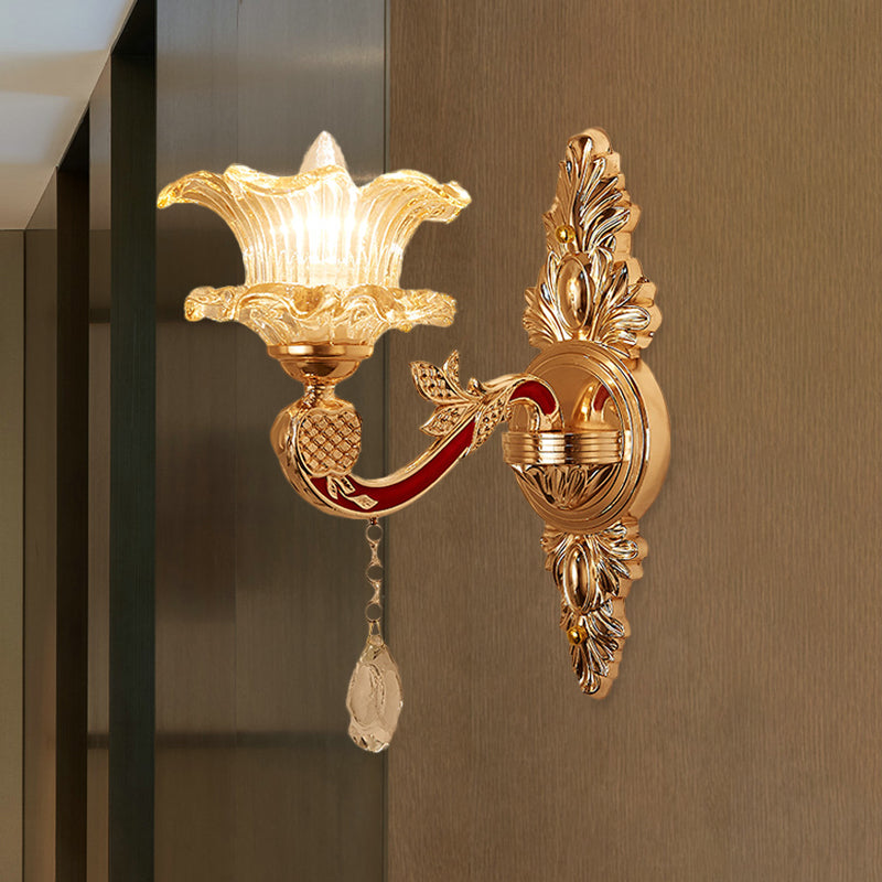 Traditional Clear Ribbed Glass Wall Sconce Light With Gold Carved Arm - Flower/Sector Design