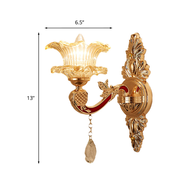 Traditional Clear Ribbed Glass Wall Sconce Light With Gold Carved Arm - Flower/Sector Design