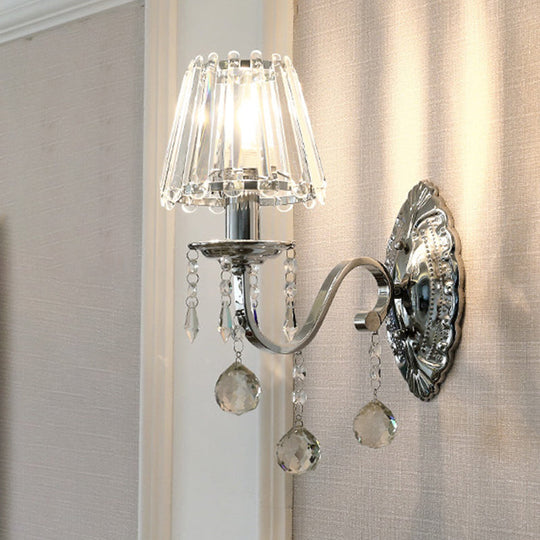 Contemporary Crystal Cone Wall Light Kit - Chrome Sconce With Drops 1/2-Light Fixture