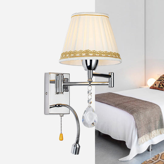 Modern Pleated Fabric Wall Light With Chrome Extendable Arm - 1-Head Reading Sconce