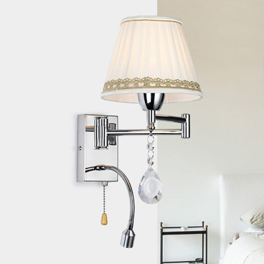 Modern Pleated Fabric Wall Light With Chrome Extendable Arm - 1-Head Reading Sconce