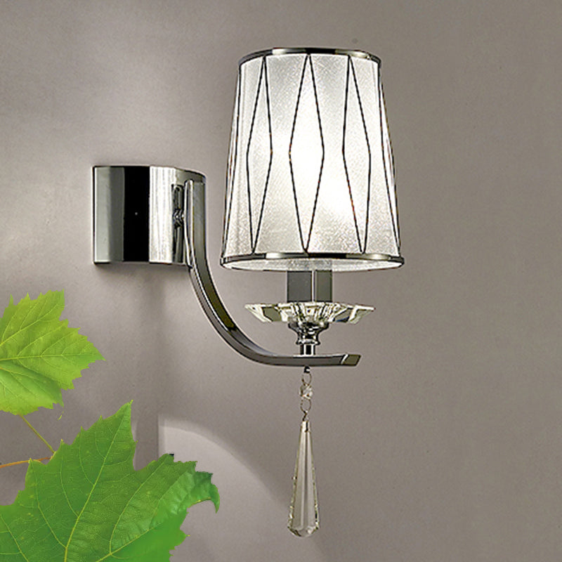 Modern Chrome Wall Lamp With K9 Crystal Drop And Diamond-Pattern Barrel Design 1 /