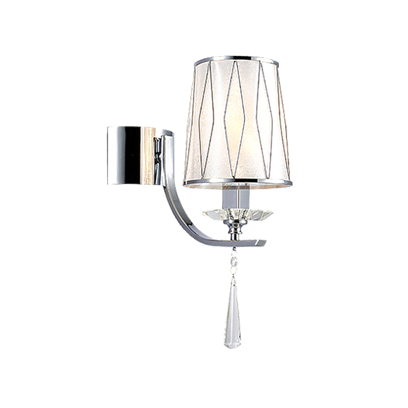 Modern Chrome Wall Lamp With K9 Crystal Drop And Diamond-Pattern Barrel Design
