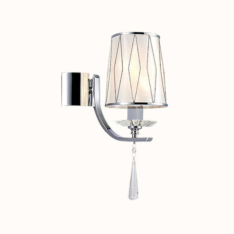 Modern Chrome Wall Lamp With K9 Crystal Drop And Diamond-Pattern Barrel Design