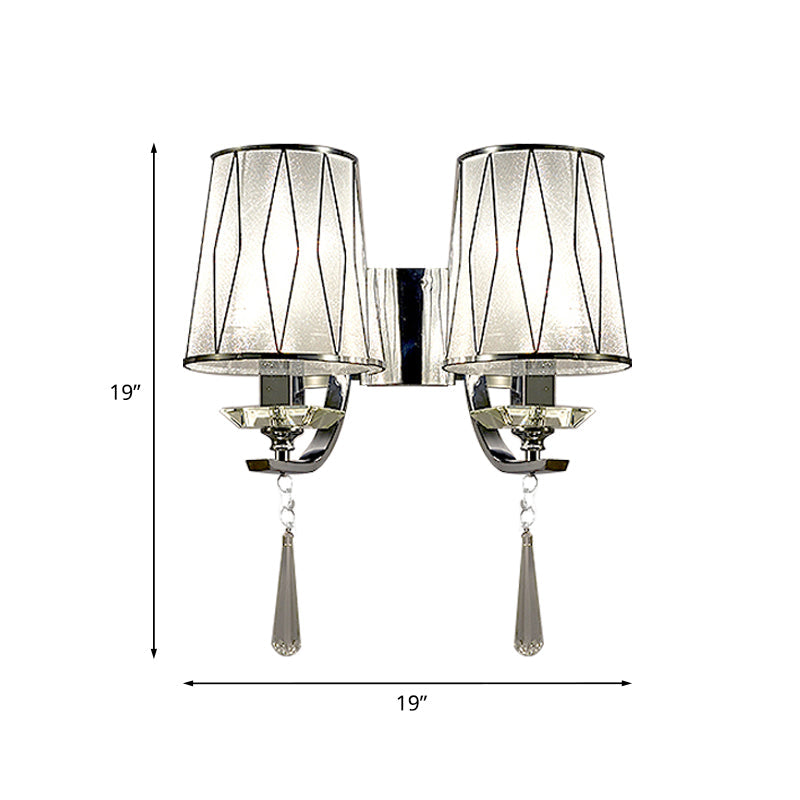 Modern Chrome Wall Lamp With K9 Crystal Drop And Diamond-Pattern Barrel Design