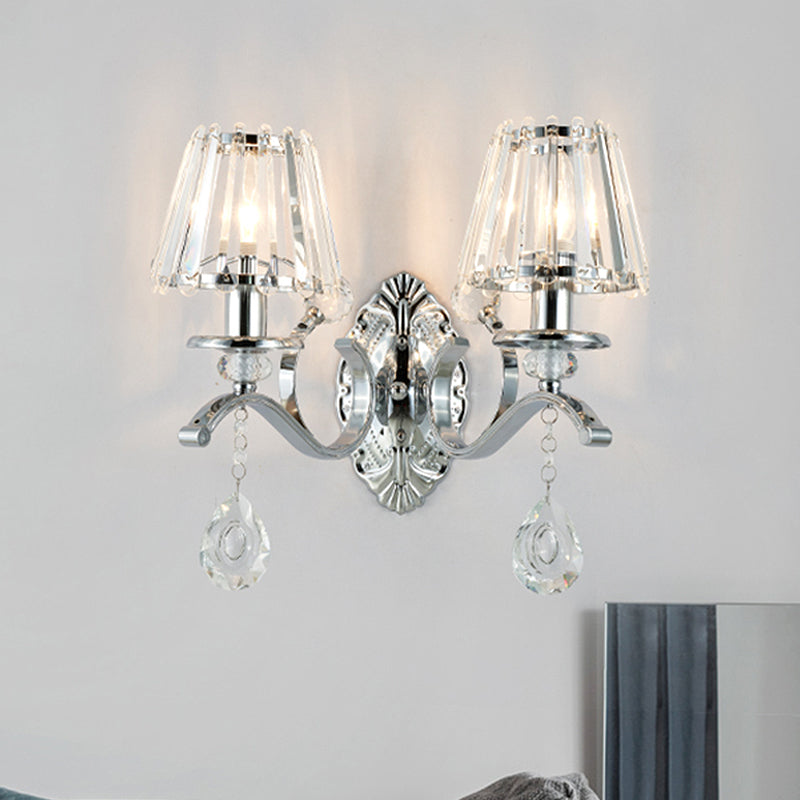 Contemporary Crystal Conical Wall Sconce - 2-Light Silver Lighting For Living Room