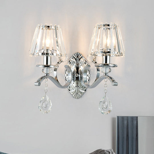 Contemporary Crystal Conical Wall Sconce - 2-Light Silver Lighting For Living Room