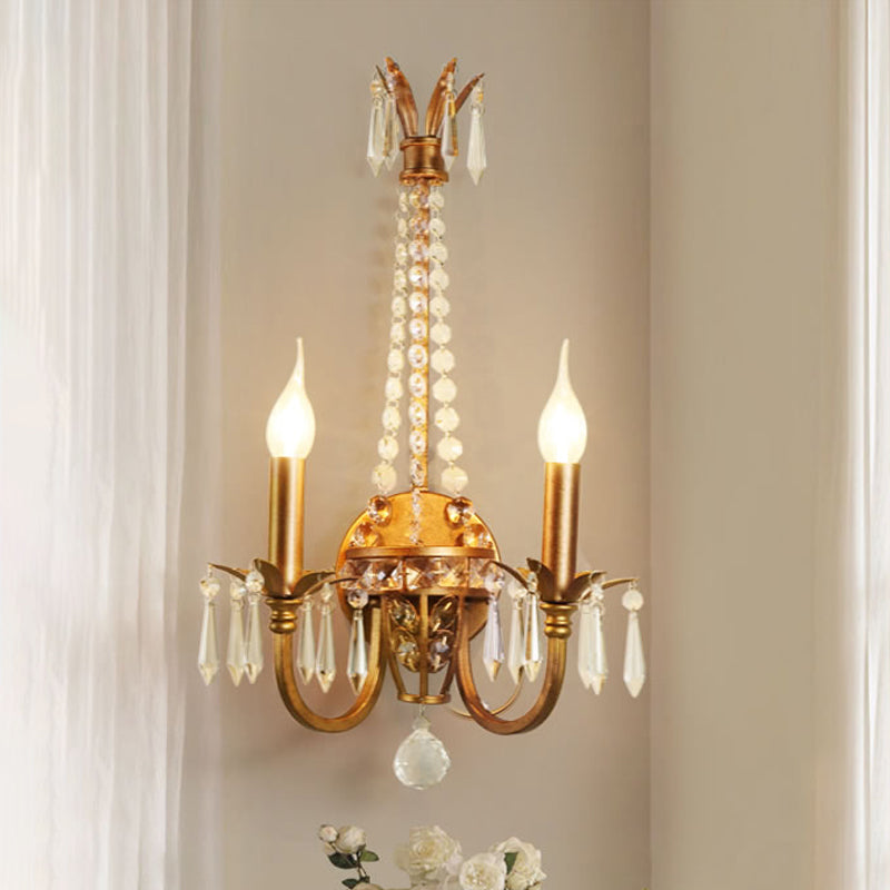 Rustic Antiqued Gold Iron Wall Mount Lighting With Crystal Accent - 2-Head Candlestick Lamp