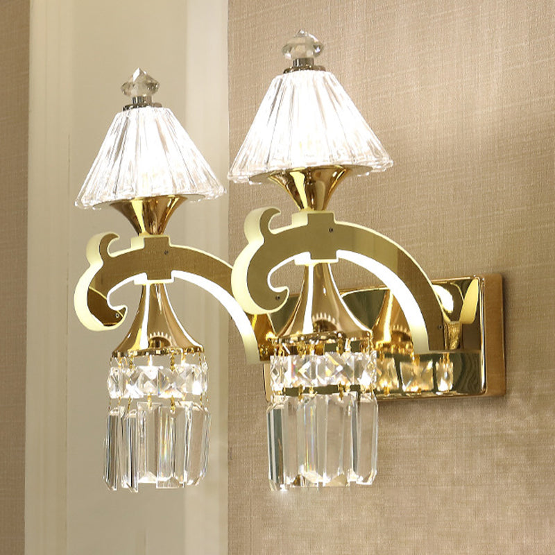 Postmodern Crystal Wall Sconce With Gold Mount And Dangling Rods - Half Bulb Lighting