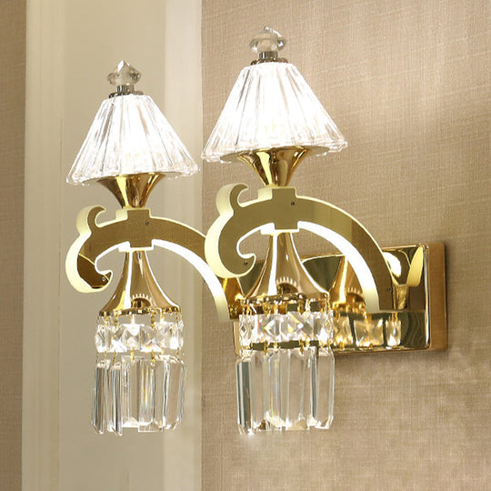 Postmodern Crystal Wall Sconce With Gold Mount And Dangling Rods - Half Bulb Lighting