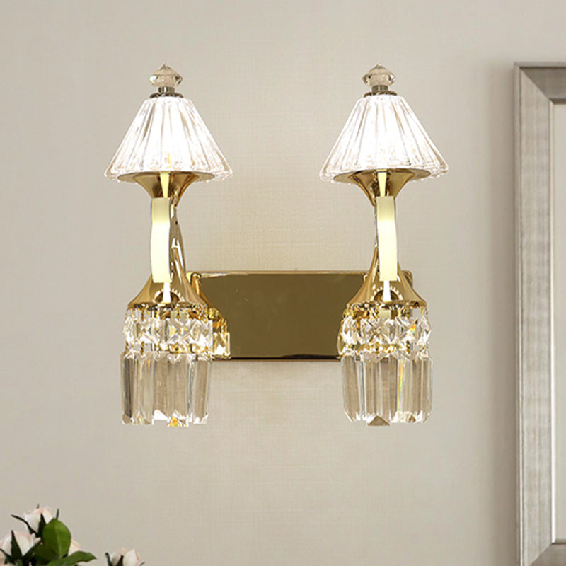 Postmodern Crystal Wall Sconce With Gold Mount And Dangling Rods - Half Bulb Lighting