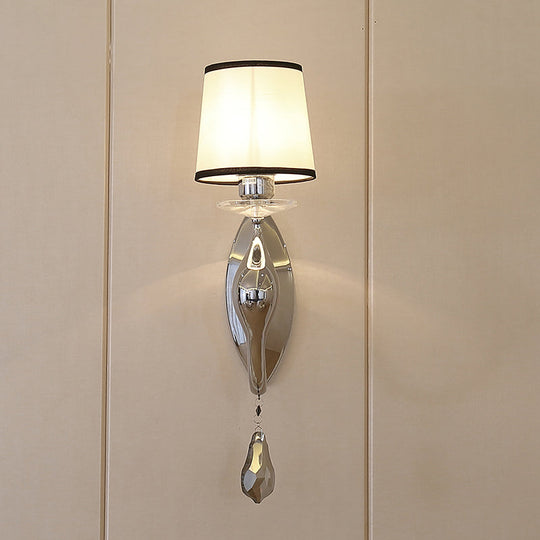 Modern Chrome Wall Lamp With Tapered Fabric Shade - Stylish Living Room Sconce Light