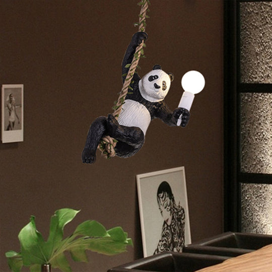 Creative Resin Panda Pendant Light Fixture With Rope Rod Black And White 1-Bulb Hanging Lamp Kit