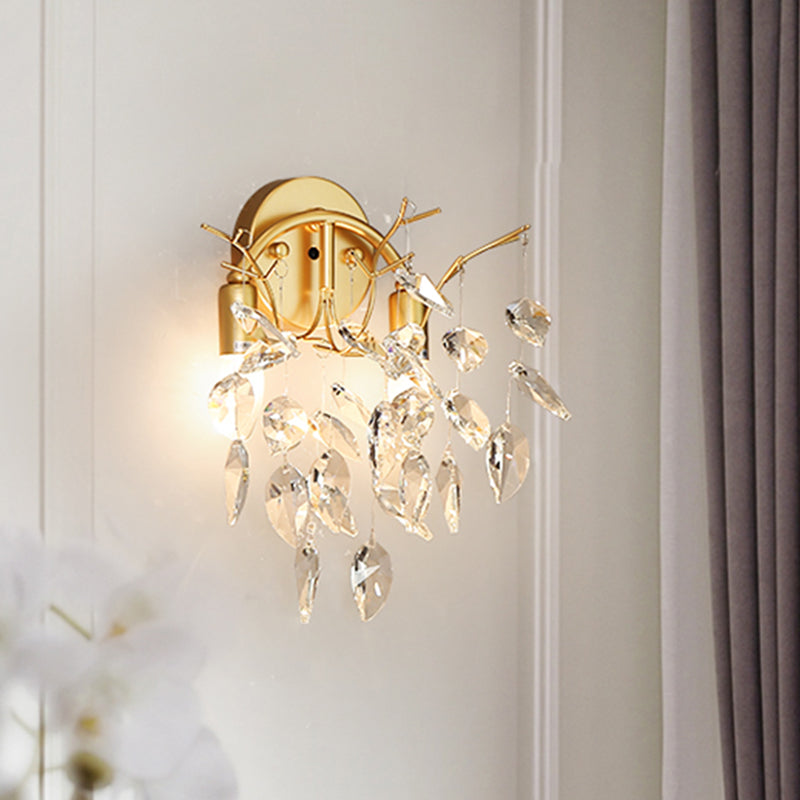 Modern Gold Wall Sconce With Leaf Shape Design And Beveled Crystal Accents 2-Bulb Lighting Fixture