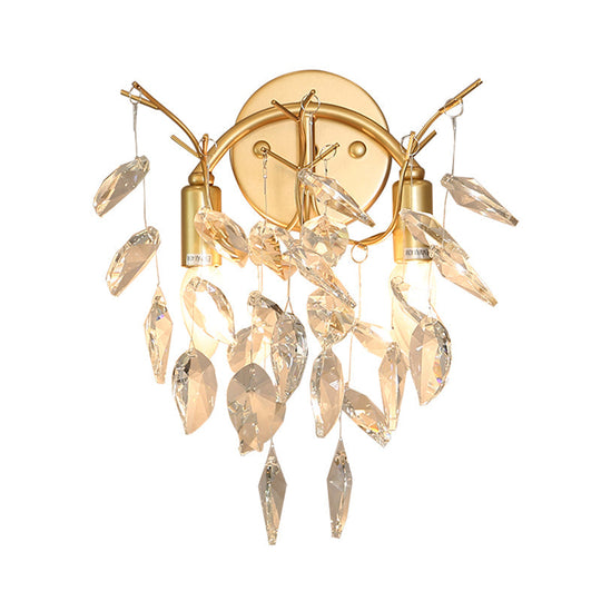 Modern Gold Wall Sconce With Leaf Shape Design And Beveled Crystal Accents 2-Bulb Lighting Fixture