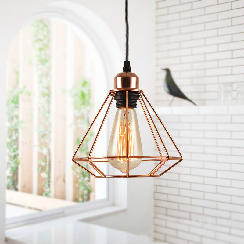 Rose Gold Geometric Cage Ceiling Light - Loft Industrial Pendant Lighting For Bedroom