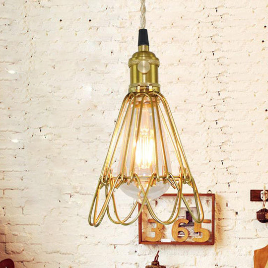 Vintage Brass Wire Pendant Lamp With Ruffled Edge - Metallic Living Room Light