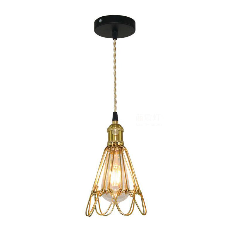 Vintage Brass Wire Pendant Lamp With Ruffled Edge - Metallic Living Room Light