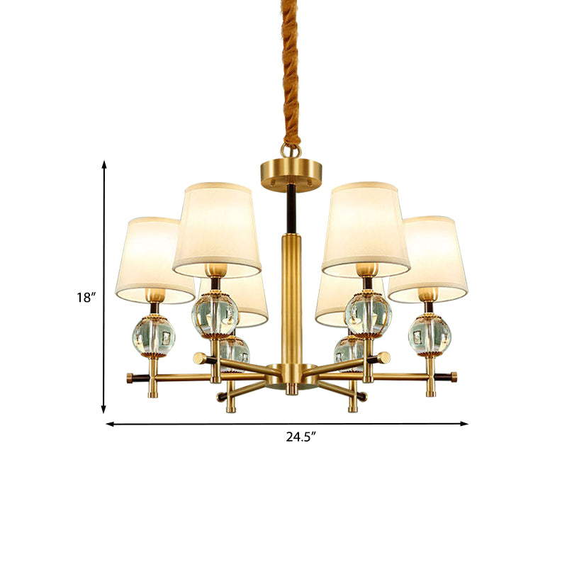 Contemporary 6-Head Conic Chandelier In Brass With Crystal Accents - Bedroom Pendant Lamp