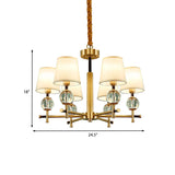 Contemporary 6-Head Conic Fabric Chandelier With Crystal Accent - Brass Ceiling Pendant