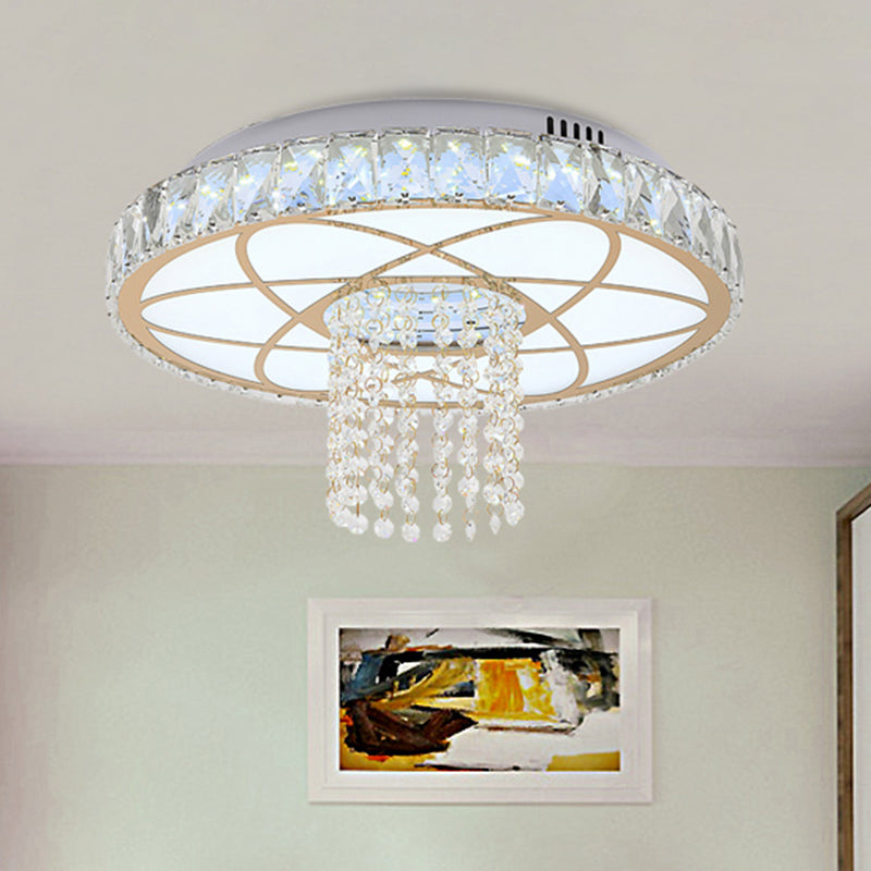 Contemporary Led Crystal Close To Ceiling Light - Gold Round Flush Mount Lamp For Bedroom