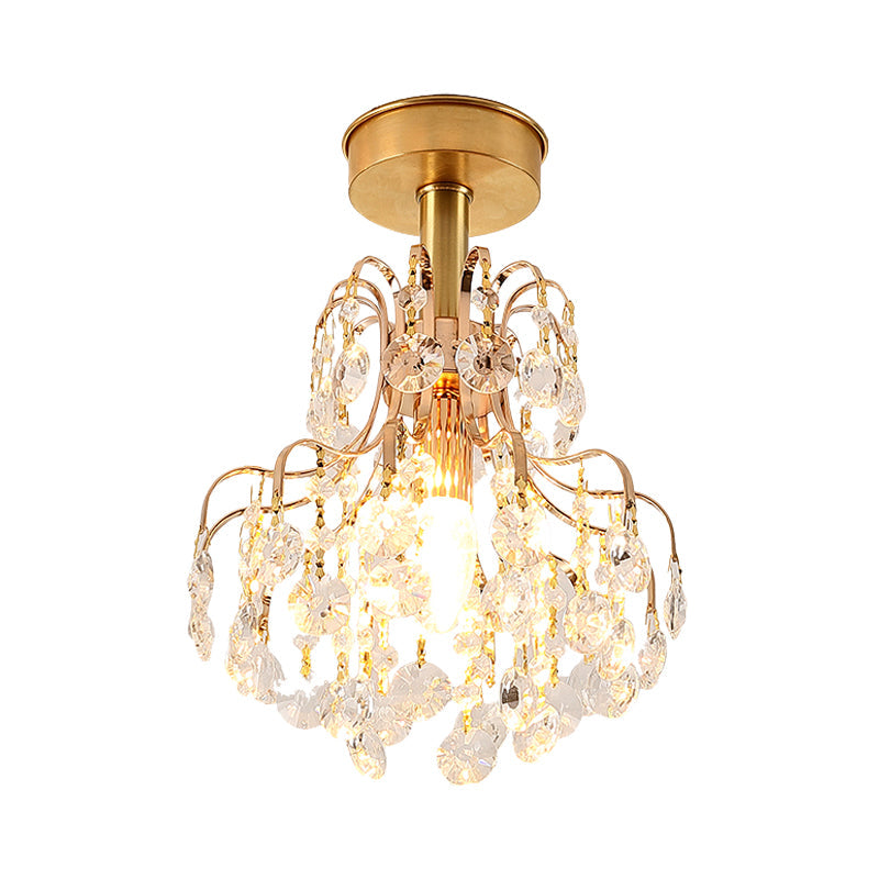 Contemporary Brass Teardrop Semi Flush Light With Crystal Shade - Ideal For Corridors