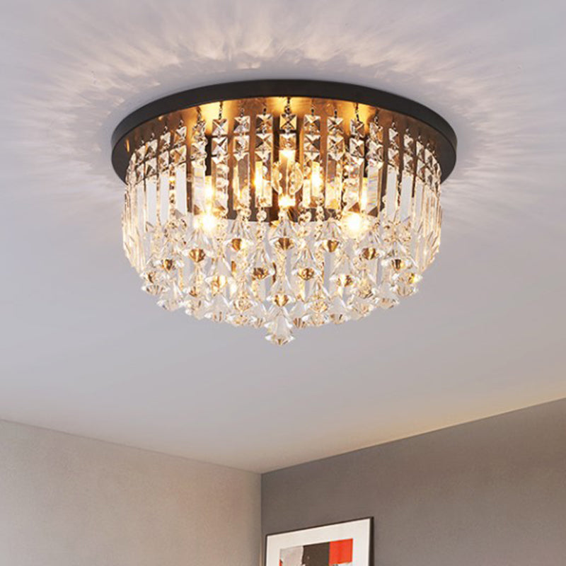 Contemporary Black Crystal Cascade Ceiling Light For Bedroom - 9-Light Flush Mounted Fixture