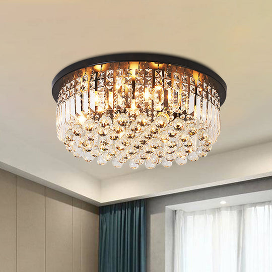 Contemporary Black Crystal Cascade Ceiling Light For Bedroom - 9-Light Flush Mounted Fixture
